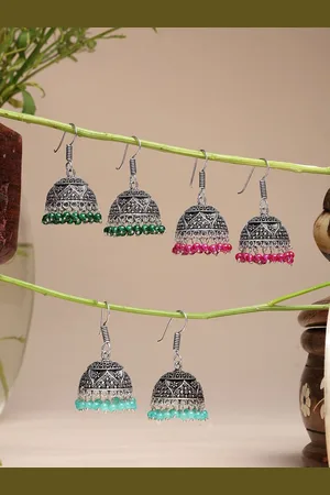 NVR Women Pair of 3 Oxidised Silver Plated Multicolor Artificial Beads Jhumka Earrings