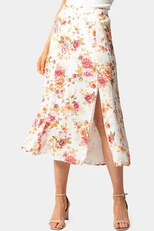 Forever New White & Pink Printed A-Line Midi Skirt