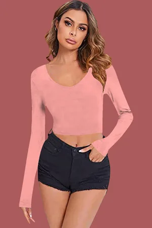 Dream Beauty Fashion Women V-Neck Long Sleeves Fitted Crop Top