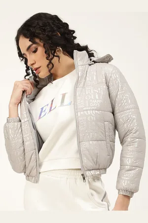 Elle Women Typography Printed Hooded Crop Puffer Jacket