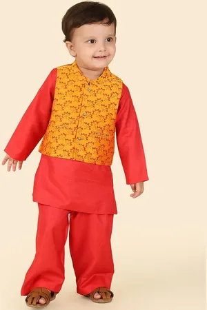 Fabindia Boys Mandarin Collar Straight Kurta with Trousers & Nehru jacket