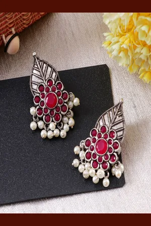 Sangria Sliver-Plated Crystals Studded & Pearls Beaded Leaf Shaped Oxidised Drop Earrings
