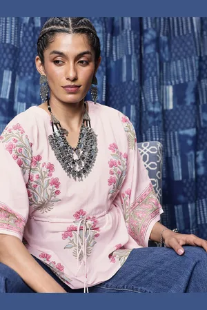 Taavi Floral Printed V-Neck Extended Sleeves Sanganeri Folk Kaftan Kurti