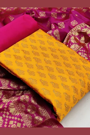 MORLY Yellow & Pink Dupion Silk Unstitched Dress Material
