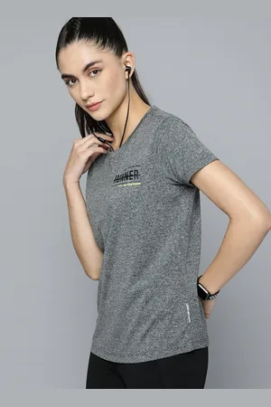 Slazenger Women Grey Melange Typography Printed Antibacterial Running T-shirt