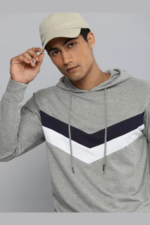 HARVARD Men Grey Melange & Black Striped Hooded Sweatshirt
