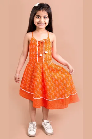 pspeaches Girls Orange Printed Fit & Flare Pure Cotton Midi Dress