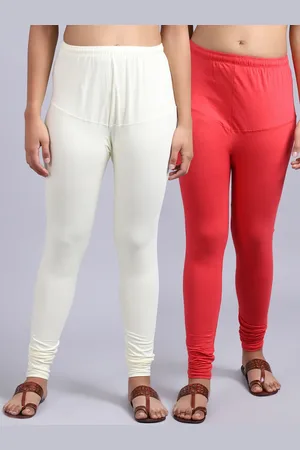 GRACIT Women Pack Of 2 Orange Colored & Off-White Solid Churidar Length Leggings