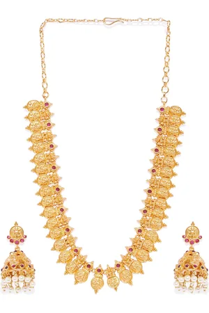 Peora Gold-Plated & Pink Temple Designer Goddess Laxmi Jewellery Set