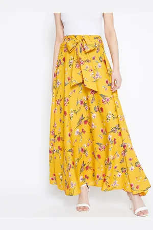Berrylush Yellow & Pink Floral Printed Bow Tie Waist Flared Maxi Skirt