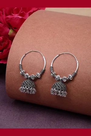 NVR Women Silver Plated Oxidised Circle Jhumka Earrings