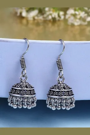 NVR Women Silver Plated Oxidised Traditional Jhumka Earrings