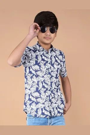 Crimsoune Club Boys Classic Fit Spread Collar Floral Printed Cotton Casual Shirt