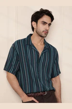 WROGN Men Comfort Relaxed Fit Cuban Collar Vertical Striped Cotton Casual Shirt
