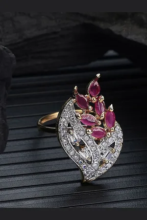 Anouk Gold Plated American Diamond Stone Studded Leaf Shape Finger Ring