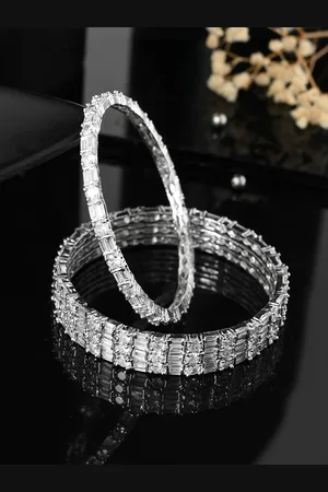 Voylla Set Of 4 Rhodium Plated Cubic Zirconia Studded Bangles