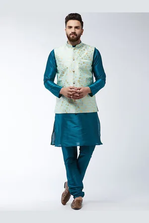 SOJANYA Mandarin Collar Straight Kurta with Churidar with Printed Nehru Jacket
