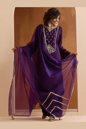 Ishin Floral Embroidered Yoke Design Notch Neck Kurta With Palazzos And Dupatta