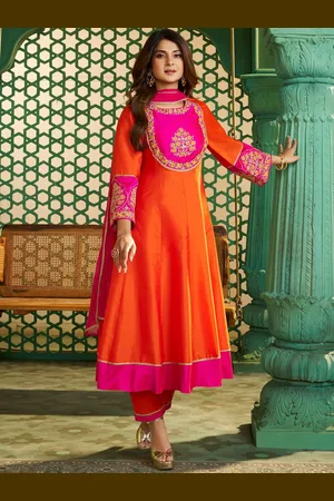 Bhama Couture Jennifer Winget Panelled Cotton Silk Anarkali Kurta With Trouser & Dupatta