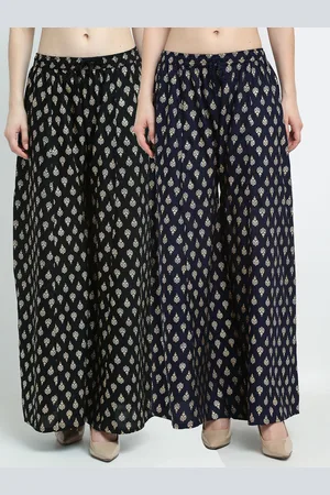 GRACIT Women Black & Navy Blue Set Of 2 Floral Printed Flared Knitted Palazzos