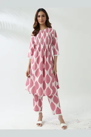 FIORRA Floral Printed Pleated Round Neck Flared A-Line Kurta With Trousers