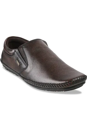 Metro Men Brown Textured Leather Formal Slip-Ons