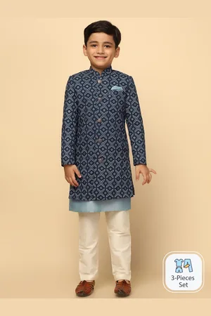 KISAH Men Boys Floral Printed Mandarin Collar Cotton Indowestern Sherwani Set
