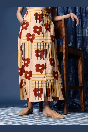Taavi Women Floral Printed Pure Cotton A-Line Bagru Skirt