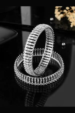 Voylla Set Of 2 Rhodium Plated Cubic Zirconia Studded Bangles