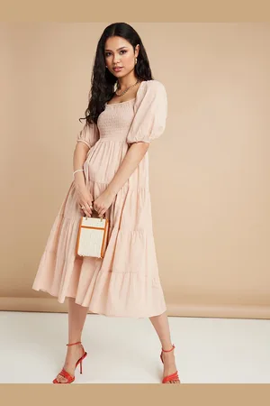 Styli Beige Striped A-Line Midi Dress
