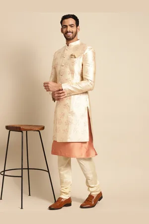 KISAH Men Pink & White Self-Design Indowestern Sherwani Set