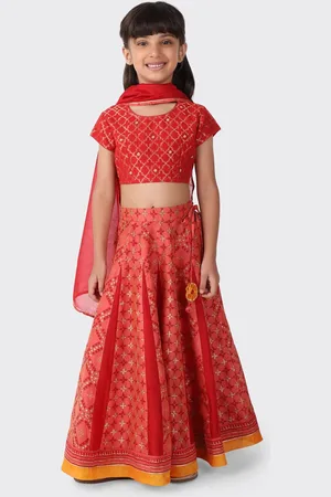Fabindia Girls Red & Peach-Coloured Embroidered Ready to Wear Lehenga & Blouse With Dupatta