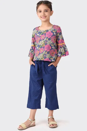 Fabindia Girls Navy Blue & Green Printed Pure Cotton Top with Trousers