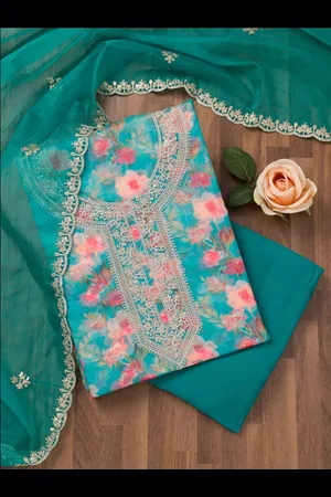 Koskii Floral Printed Sequinned Organza Unstitched Dress Material