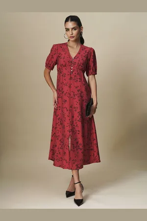Chemistry Women Floral Printed V-Neck Puff Sleeve Empire Midi Dress
