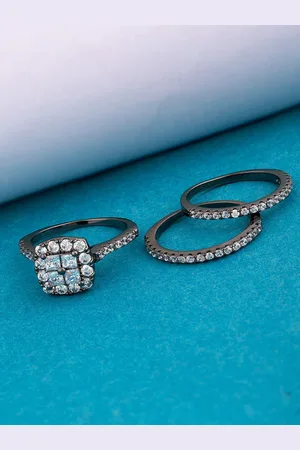 Voylla Women Black Set of 3 Rhodium Plated CZ Gemstone Studded Finger Rings