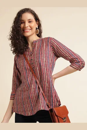 DressBerry Women Striped Mandarin Collar Roll-Up Sleeves Top