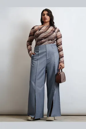 FREAKINS Women Plus Size Shale Grey Curve Flared Korean Pants