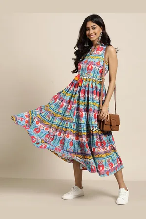 Sangria Multicoloured Pure Cotton Ethnic Motifs Print Tie-Up Neck Tiered Maxi Dress
