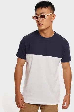 Bewakoof Men White & Navy Blue Colourblocked Cotton T-shirt