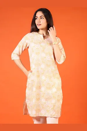 V-Mart Floral Printed Notch Neck Sequinned Cotton Straight Kurta
