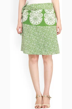 Exotic India Pure Cotton Block Printed Stone Green Wrap-Around Mini-Skirt