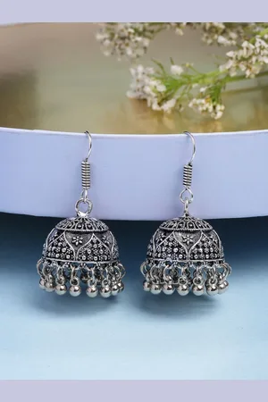 NVR Women German Silver Oxidized Floral Design Jhumka Earrings