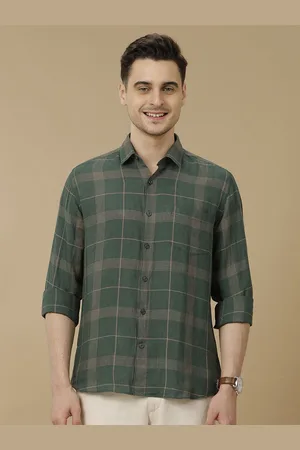 Linen Club Men Contemporary Spread Collar Tartan Checked Linen Slim Fit Casual Shirt