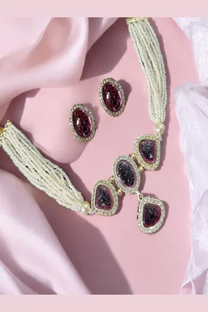 AccessHer Sterling Silver-Plated AD Studded & Beaded Necklace and Earrings With Maang Tika