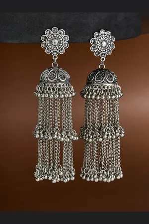 ATIBELLE Silver-Plated German Silver Floral Dome Shaped Oxidised Jhumkas