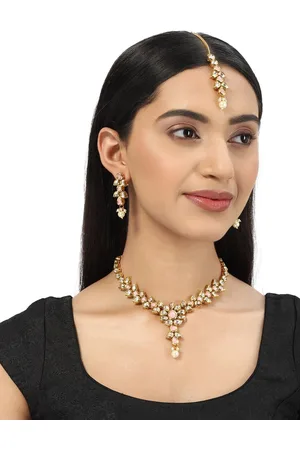 Voylla Gold-Plated White & Pink Kundan Studded & Beaded Brass Jewellery Set