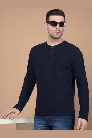Crimsoune Club Men Striped Henley Neck Cotton T-shirt