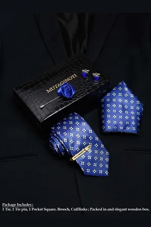 MUTAQINOTI Men Floral Blue Silk Blend Necktie Accessory Gift Set