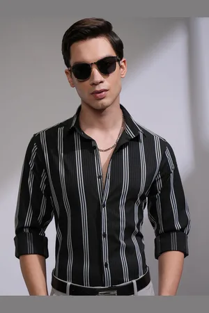 Highlander Men Slim Fit Spread Collar Vertical Striped Formal Shirt